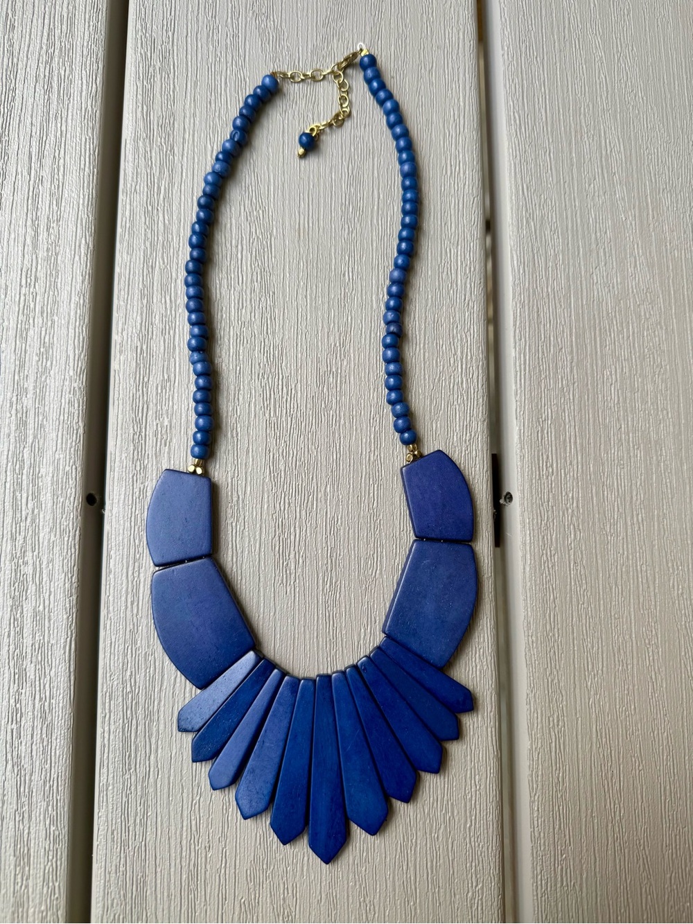 Blue Wooden Statement Bib Necklace Geometric Boho Adjustable